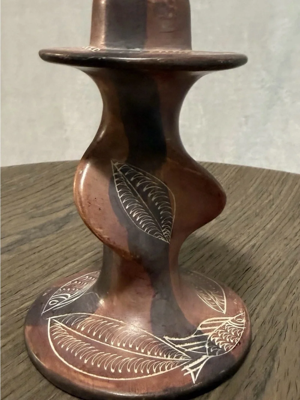 VNTG Kenyan Hand-Carved Soapstone Twisted Stem Candlestick Etched Fish and Leaf